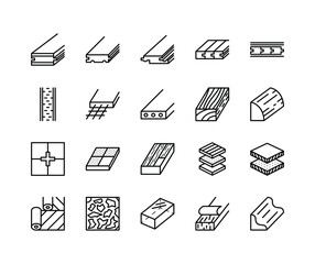 Floor repair material flat line icons set. Consist of Wood, tile, stone, pvc, vinyl. Simple flat vector illustration for web site or mobile app