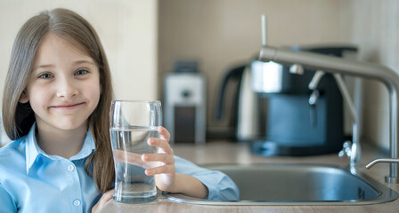 A glass of clean water in kids hands. Caucasian little girl drinking from water tap or faucet in kitchen. Pouring fresh healthy drink. Good habit. Right choice. Environment concept. World Water Day
