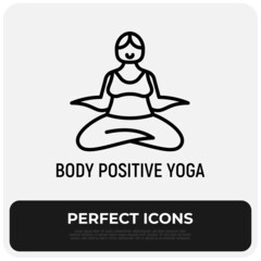 Body positive yoga thin line icon, happy plus size woman in lotus pose. Modern vector illustration.