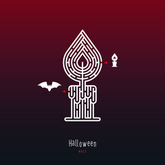 Abstract maze candle. Game for children and parents. Puzzle for kids. Labyrinth conundrum. Flat vector illustration isolated on dark red background. One Entrance, One Exit. Cartoon style.