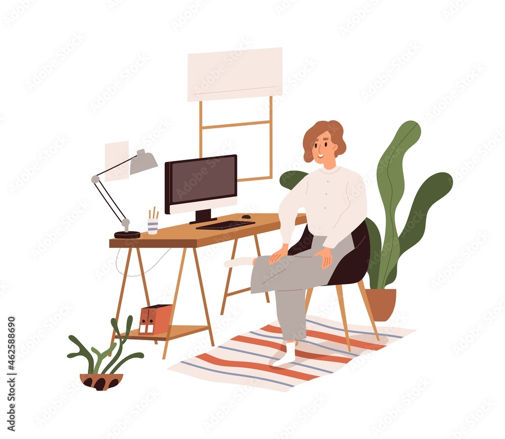 Poster End of work day with computer concept. Happy smiling worker at workplace at home office with businesses done and completed and workday finished. Flat vector illustration isolated on white background