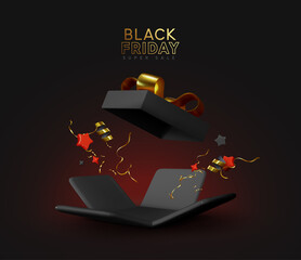 Black Friday sale. Realistic 3d template of open gift boxes. Dark gift box with gold confetti. New Year and Christmas design. Xmas decorative surprise object. Present birthday. vector illustration
