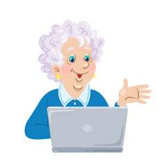 Happy grandmother sitting near the laptop screen. In cartoon style. Isolated on white background. Vector flat illustration.