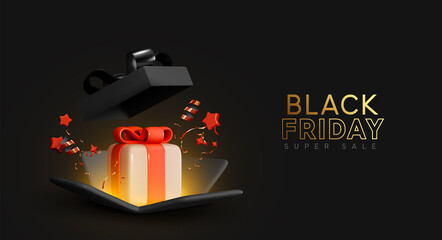 Black Friday sale. Realistic 3d template of open gift boxes. Dark gift box with gold confetti. New Year and Christmas design. Xmas decorative surprise object. Present birthday. vector illustration