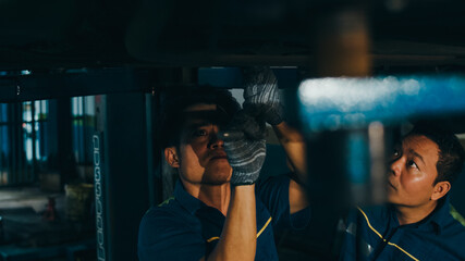 Two professional car mechanic screwing details of car engine on lifted automobile at repair service station. Skillful Asian guy in uniform fixing car at garage night. Car service concept.