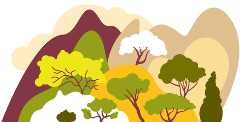 Obraz na płótnie Canvas Hilly landscape with trees, bushes and plants. Growing plants and gardening. Protection and preservation of the environment. Earth Day. Vector illustration.