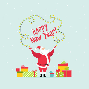 Happy New Year greeting card concept. Funny Santa Claus with gifts, Christmas lights, snow. Vector flat illustration