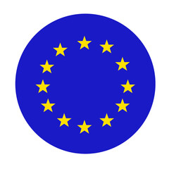European union flag, round icon. The official colors are correct. Circle ring of yellow gold stars on a blue background. EU symbol. Europe flag, EU icon