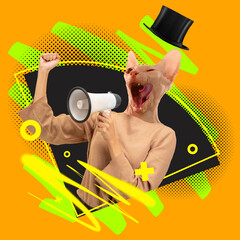 Contemporary art collage. Woman headed of cat's head shouting at megaphone. Black friday, cyber...