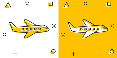 Plane icon in comic style. Airplane cartoon vector illustration on white isolated background. Flight airliner splash effect business concept.