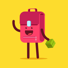 Backpack character with lunch box vector cartoon illustration isolated on background.