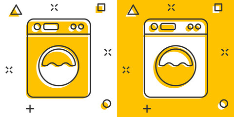 Washing machine icon in comic style. Washer cartoon vector illustration on white isolated background. Laundry splash effect business concept.