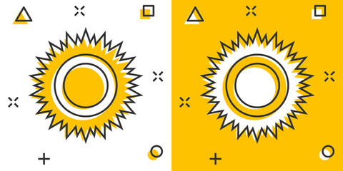 Fototapeta premium Sun icon in comic style. Sunlight cartoon sign vector illustration on white isolated background. Daylight splash effect business concept.