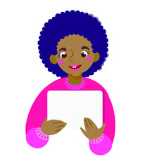 Happy child holding a blank billboard. Isolated portrait..Little girl holding blank poster campaigning and promoting