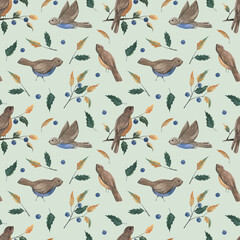 Watercolor hand-painted floral seamless pattern. Autumn birds