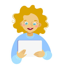 Happy child holding a blank billboard. Isolated portrait..Little girl holding blank poster campaigning and promoting