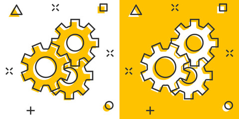 Gears vector icon in comic style. Cog wheels cartoon illustration on white isolated background. Gearwheel cogwheel splash effect business concept.