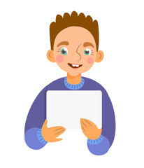 Happy child holding a blank billboard. Isolated portrait..Little boy holding blank poster campaigning and promoting