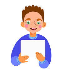 Happy child holding a blank billboard. Isolated portrait..Little boy holding blank poster campaigning and promoting