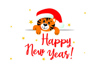 Cute tiger in a New Year's red hat with a pom-pom. Happy new year lettering.