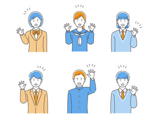 笑顔で手を振る制服姿の学生・男女上半身セット　3色