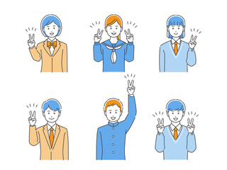 Vサインの制服姿の学生・男女上半身セット　3色