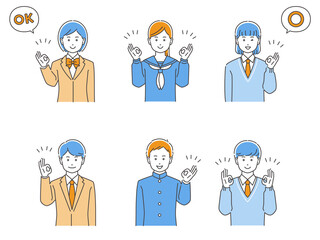 OKハンドサインの制服姿の学生・男女上半身セット　3色