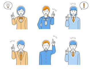 ひとさし指で指す、制服姿の学生・男女上半身セット　3色