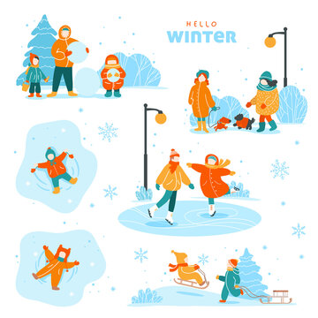 Set of winter outdoor activities. Adults and children walk in the city park. Colorful vector illustration.