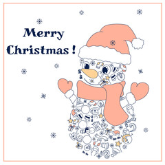 Merry Christmas. Christmas card. Snowman in doodle style. Cute christmas design