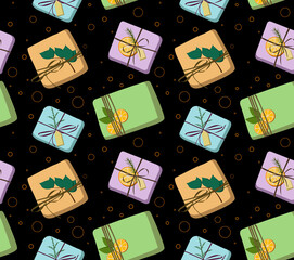 Pattern with gifts. Raster illustration