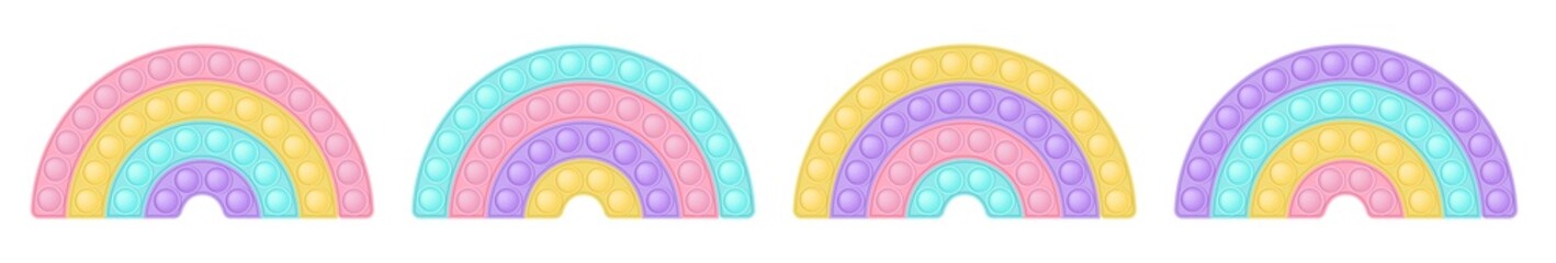 Set of popit rainbows as a fashionable silicon fidget toys. Antistress toy for fidget in pastel colors. Bubble sensory popit toy. Vector illustration isolated on a white background.