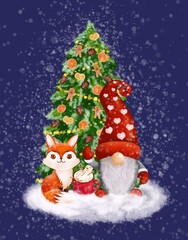 Christmas illustration with tree with natural toys, gnome, fox and mug with marshmallows. Illustration for postcard, banner.