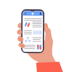 Healthcare online pharmacy concept. Hand holding a phone with app of medical supplies and prescription drugs. Telemedicine. Pills and medication sold online via smartphone application. Vector.