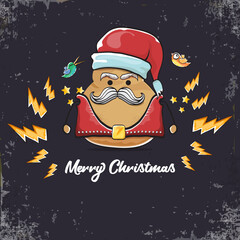 vector rock star santa potato funny cartoon cute character with with red santa hat and calligraphic christmas text isolated on grey background. rock n roll christmas party poster