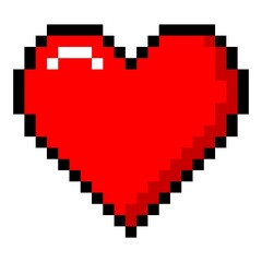 Red pixel heart. Symbol of romantic love and gaming 8bit life. Health sign in arcade games and friendly online vector approval