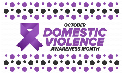 Domestic Violence Awareness Month in October. Celebrate annual in United States. Awareness purple ribbon. Day of Unity. Prevention campaign. Stop women abuse. Poster, banner and background. Vector