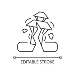 Earthquake in Nepal linear icon. Seismically active region. Damaged towns. Destroyed structures. Thin line customizable illustration. Contour symbol. Vector isolated outline drawing. Editable stroke