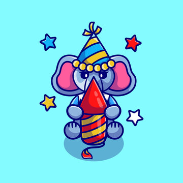 cute elephant celebrating new year with fireworks rocket