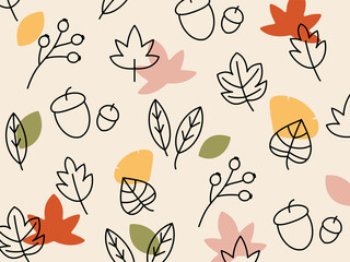 Hand drawn autumn background with leaves and branch. Vector illustration in a doodle style
