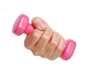 Hand holding a pink dumbbell gym weight on white background.