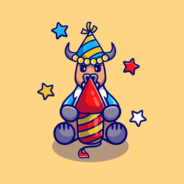 cute buffalo celebrating new year with fireworks rocket