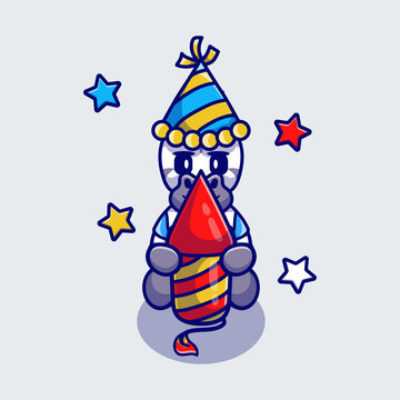 cute zebra celebrating new year with fireworks rocket