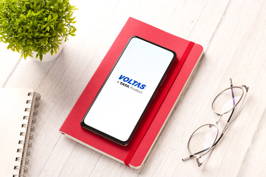 West Bangal, India - October 09, 2021 : Voltas logo on phone screen stock image.