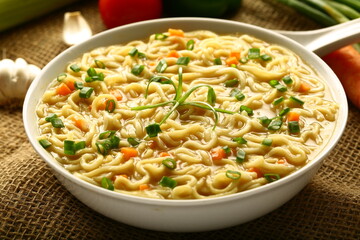 Bowl of healthy vegan diet meal- organic wheat noodle soup.