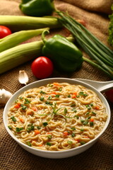 Healthy Asian street foods background, chicken noodle soup. 