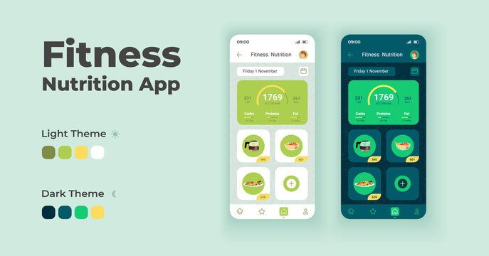 Fitness Nutrition App Cartoon Smartphone Interface Vector Templates Set. Mobile App Screen Page Day And Dark Mode Design. Daily Meals Management. Dietary Planner UI For Application. Phone Display