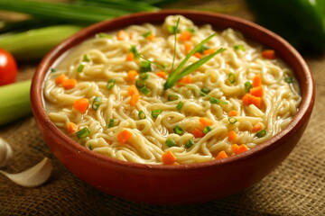 Homemade traditional  vegan diet noodles soup. healthy vegetarian breakfast meal.