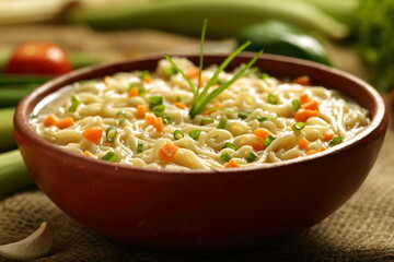 Homemade delicious chicken noodles with sauce . served in earthenware. healthy diet meal food.