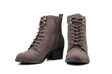 A pair of women's autumn-spring insulated brown boots. Artificial suede. The laces are tied...